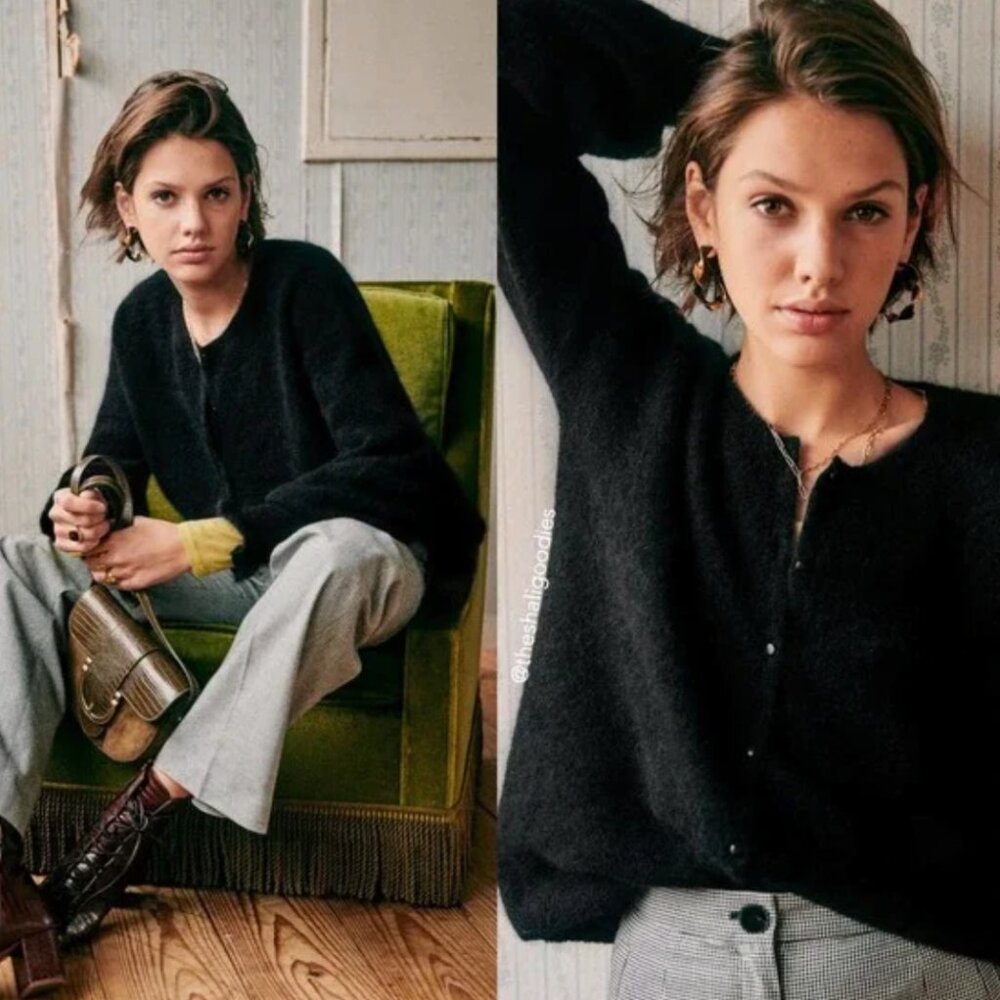 SEZANE Thelma Jumper Black Ruffle Mohair Wool Knit Sweater Cardigan, S